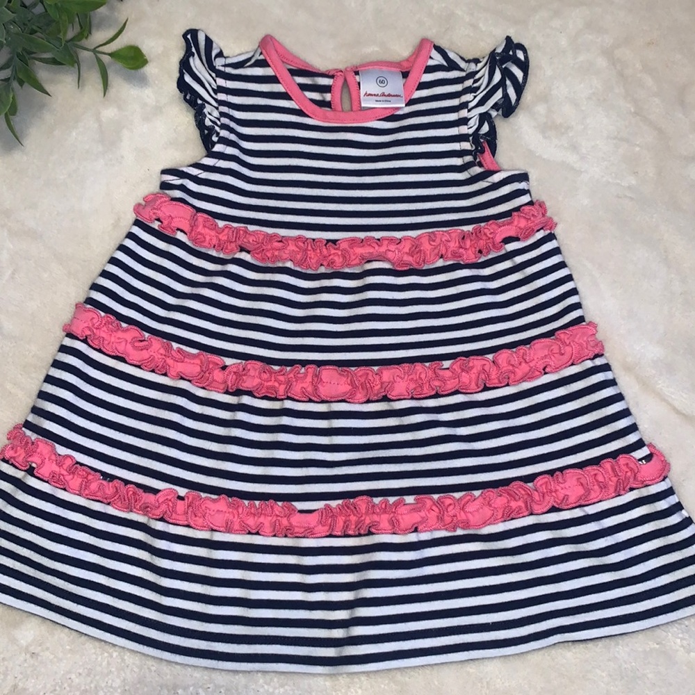Hanna Andersson 60 Navy & Pink Stripe Ruffle Dress 3-6M EUC